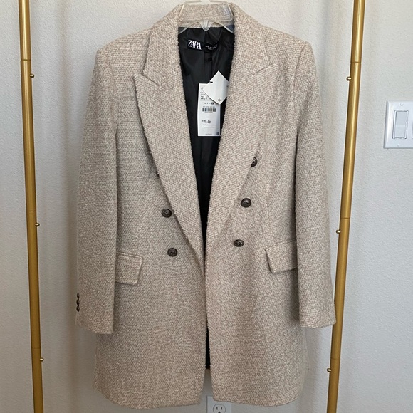 Zara Long Line Wool Blend Tweed/Boucle Style Blazer Jacket Coat in Beige Pink - Picture 2 of 7
